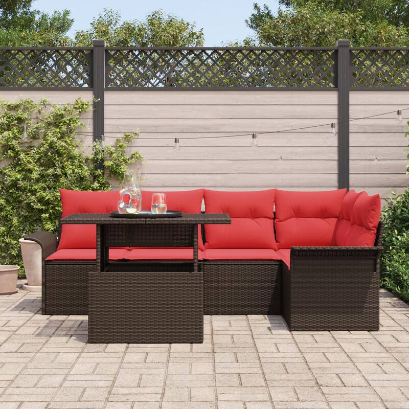 vidaXL 6 Garden Sofa Set with Cushions Black/Brown/Grey Poly Rattan - 95.5 x 52.2 x 27.2