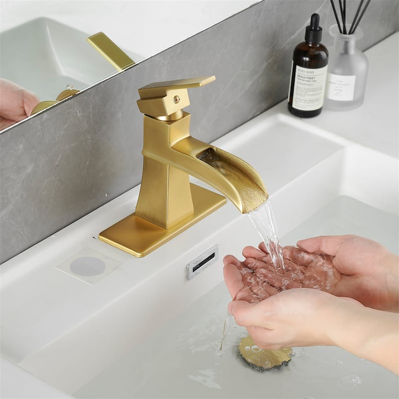 Single Hole Waterfall Bathroom Faucet with Pop-up Drain Brass 1 Handle Modern Bathroom Sink Basin Taps with Deck Plate