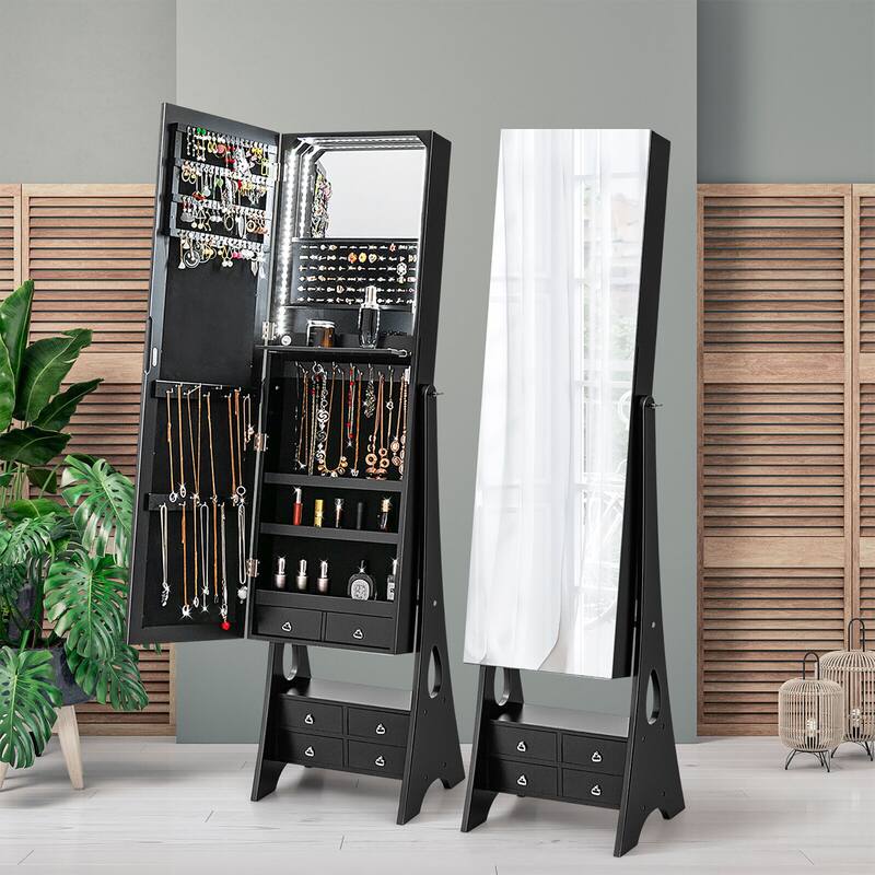 Gymax Jewelry Cabinet Armoire Full Length LED Mirror W/ 6 Drawers &