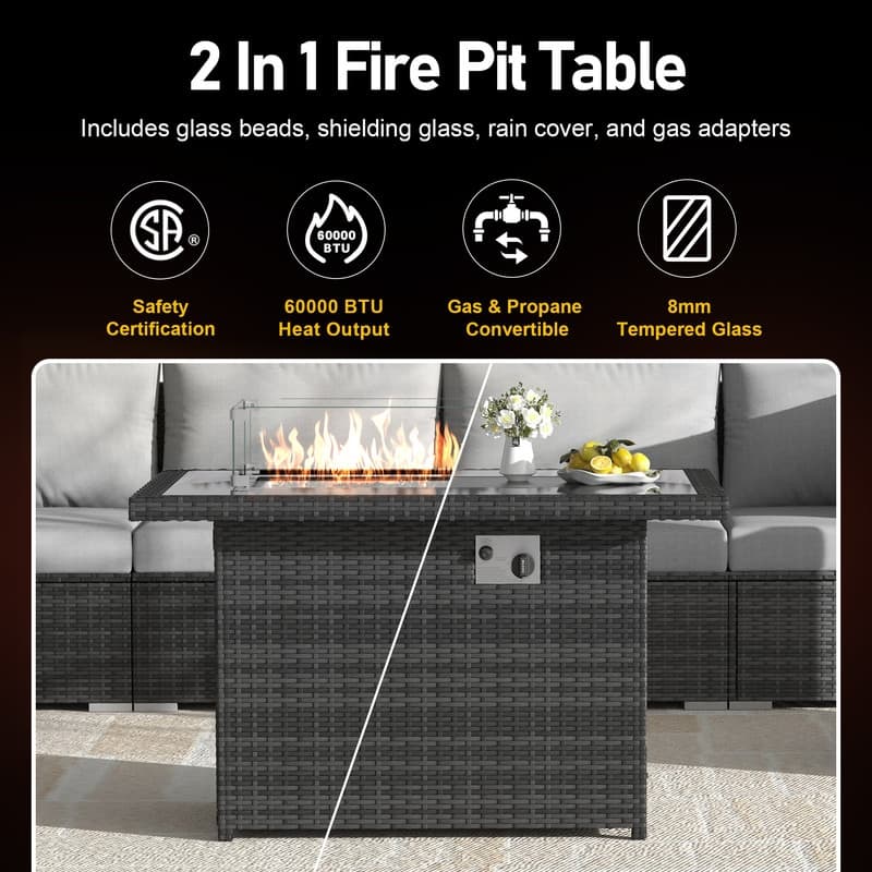 FINCATI 15-Piece Grey Wicker Patio Conversation Sofa Set with Ottomans, 43″ Fire Pit Table