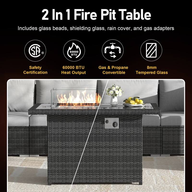 FINCATI Outdoor 7-piece High-back Wicker Patio Sectional Set with 43'' Fire Pit Table, 500 lbs Luxury Oversized Conversation Set