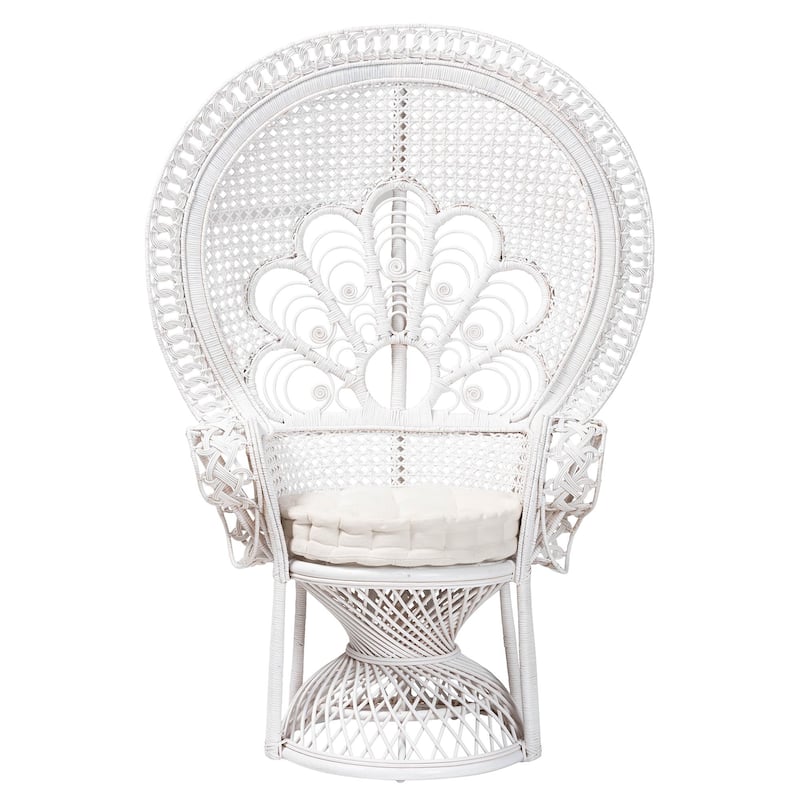Ediva Modern Bohemian White Natural Rattan Peacock Accent Chair