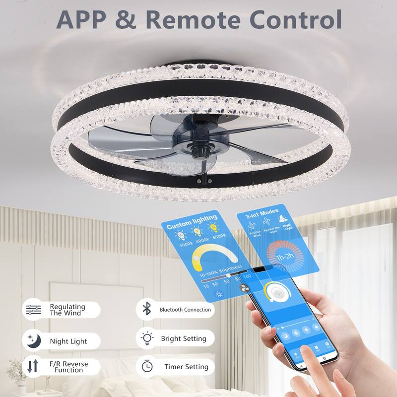 20" Luxury Double Ring LED Ceiling Fan with Light - Modern Flush Mount Design, Hidden Blades, Dimmable Lighting