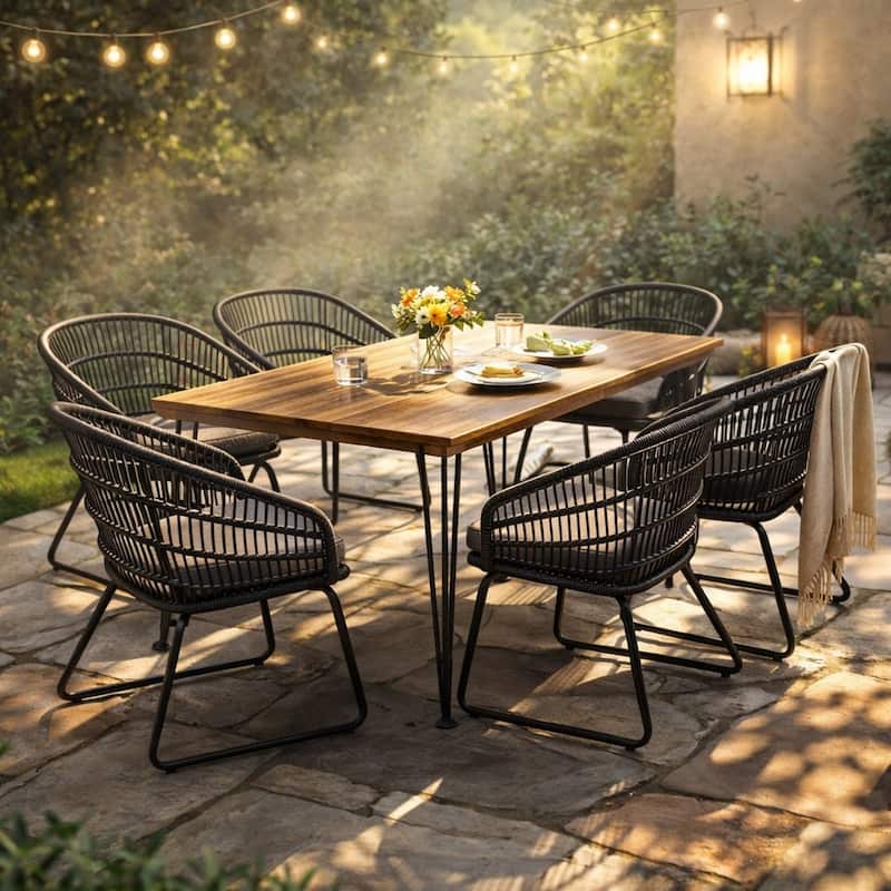 Christopher Knight Home - Modern 7-Piece Acacia Wood & Rattan Outdoor Dining Set with 72" Rectangular Table and Tub Chairs - Teak+ Black