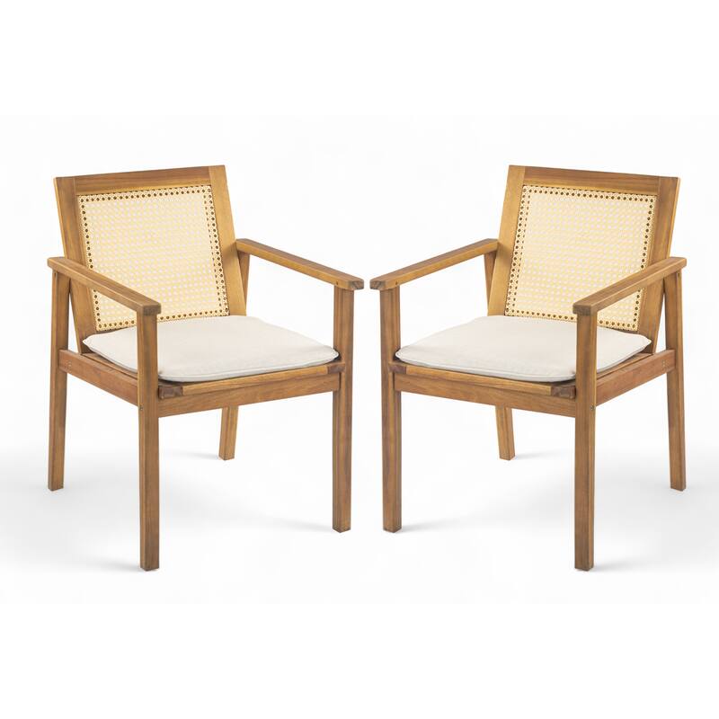 Roomfitters Preston Outdoor Acacia Wood Dining Chairs with Cane Back and Cushions, Teak Set of 2
