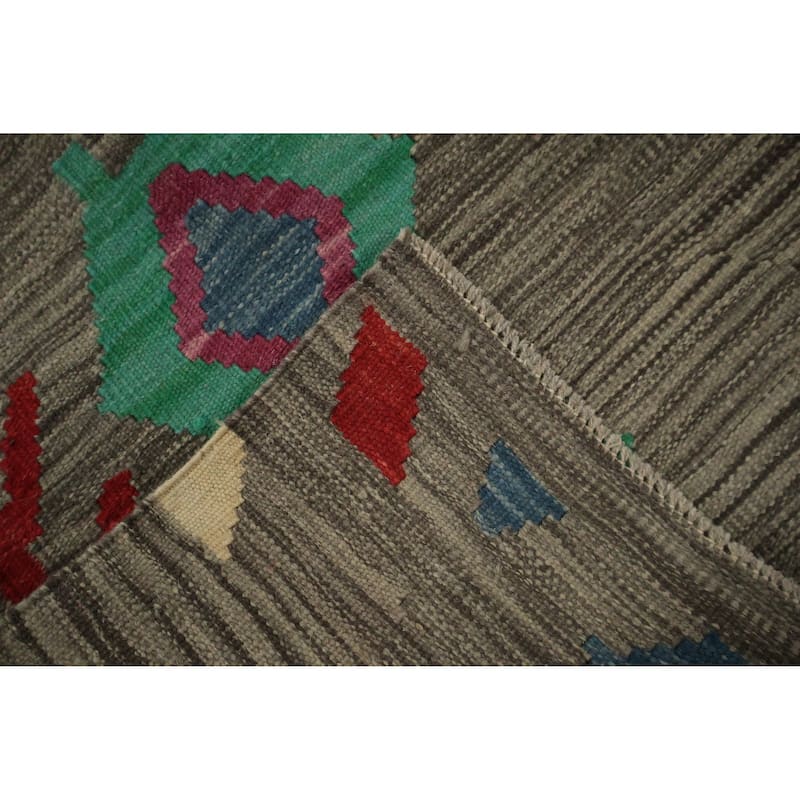 Hand Woven Oriental 100% Wool Carpet Southwestern Tribal Greys & Charcoal Kilim Area Rug - 9' 9'' X 6' 6''