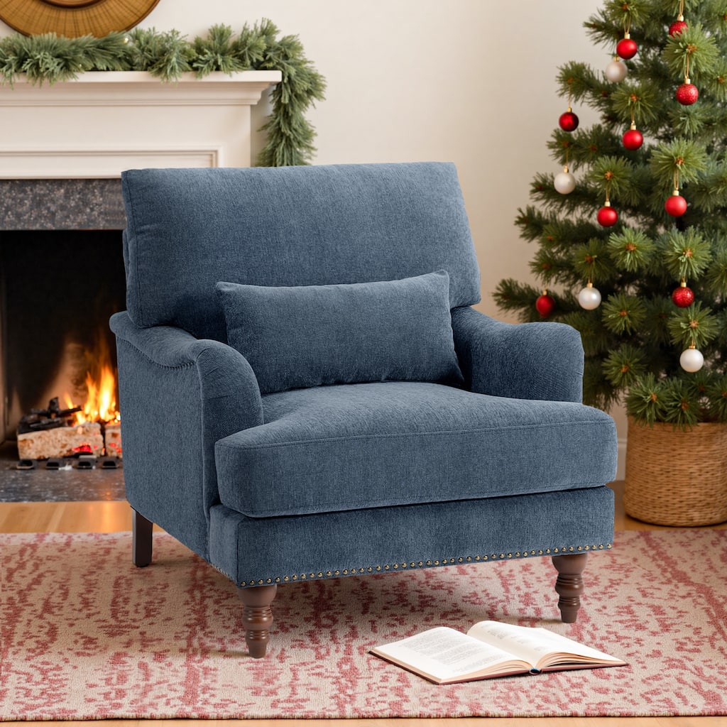 Chenille Accent Chair with Lumbar Pillow Nailhead Living Room