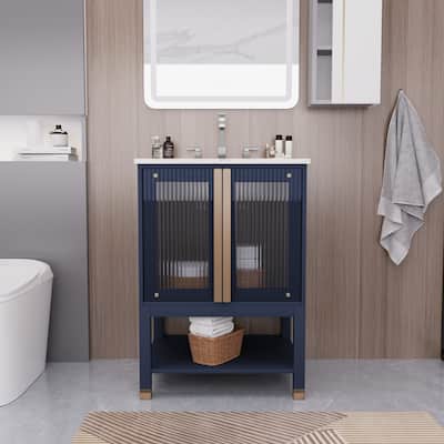 24-Inch Bathroom Vanity with Single Basin and Transparent Double Glass Doors
