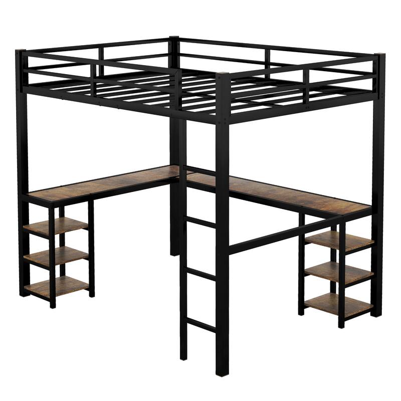Roomfitters Metal Twin/Full Loft Bed with Desk & Shelves, Space-Saving Study Bed Frame with Ladder & Guardrails, Black