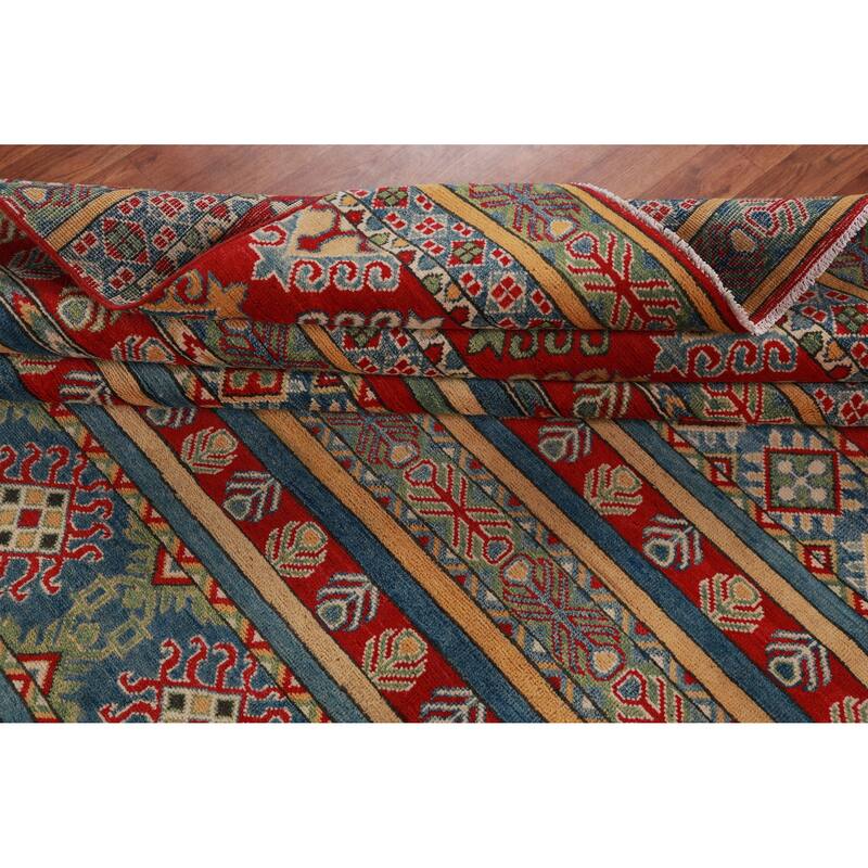 Hand Knotted Oriental 100% Wool Carpet Traditional Geometric Multi-Colored Kazak Area Rug - 11' 9'' X 8' 3''