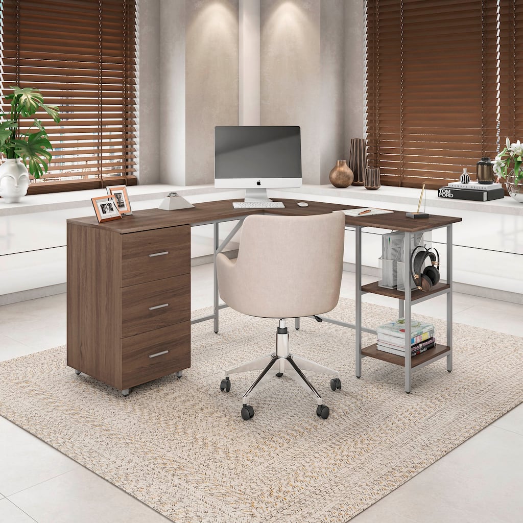 L-Shape Home Office Two Tone Desk with Storage, Walnut