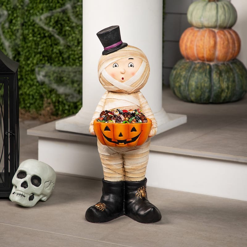 Mummy in Top Hat Holding Jack-O-Lantern Candy Dish Halloween Decoration - 23"