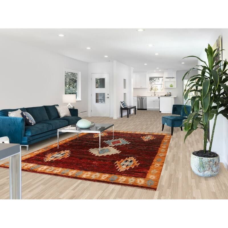 Hand Knotted Oriental 100% Wool Carpet Modern Tribal Red Moroccan Area Rug - 9' 9'' X 6' 8''