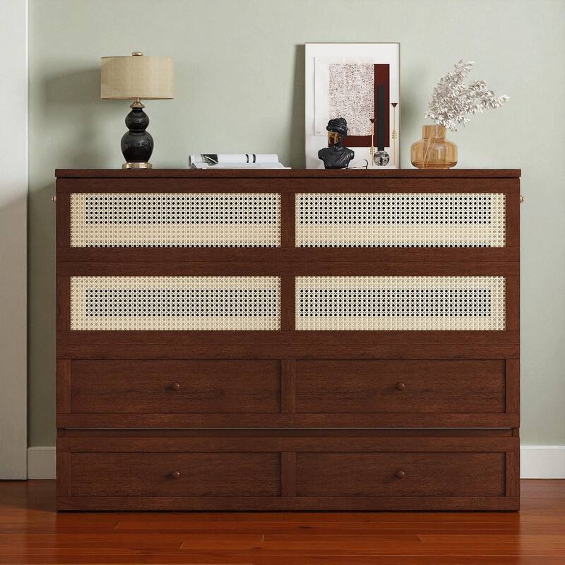 Queen Size Pine Wood Murphy Bed Cabinet with Rattan Front Panel, Foldable Bed with Storage Drawer and Sturdy Platform