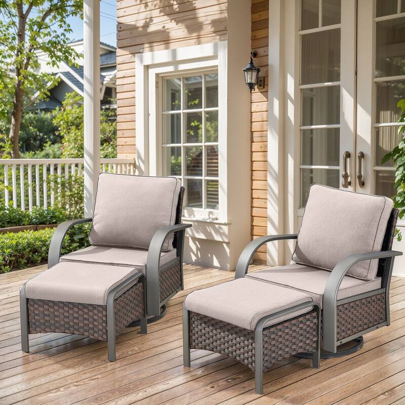 Outside Patio Swivel Chair Glider Chair with Ottomans - Beige - Brown
