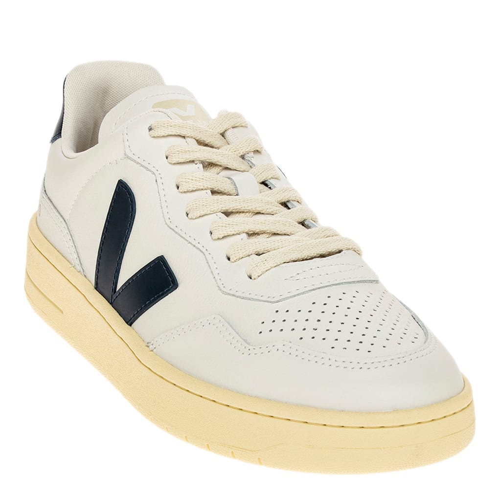 Veja Men's V-90 Leather Sneakers in White with Blue