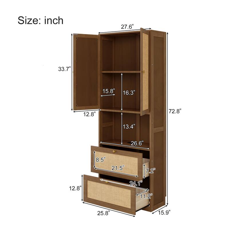 2 Doors Bookshelf with USB Port and 3 Drawers，Rattan Design Side Cabinet Storage Shelves，72.8 inch Tall Bookcase
