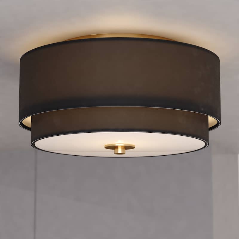 Burnaby Gold Brass Mid-Century Modern Semi Flush Mount Ceiling Light Black Linen Drum Shade - Matte Brass - 13-in W x 6.75-in H x 13-in D