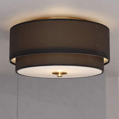 Burnaby Gold Brass Mid-Century Modern Semi Flush Mount Ceiling Light Black Linen Drum Shade