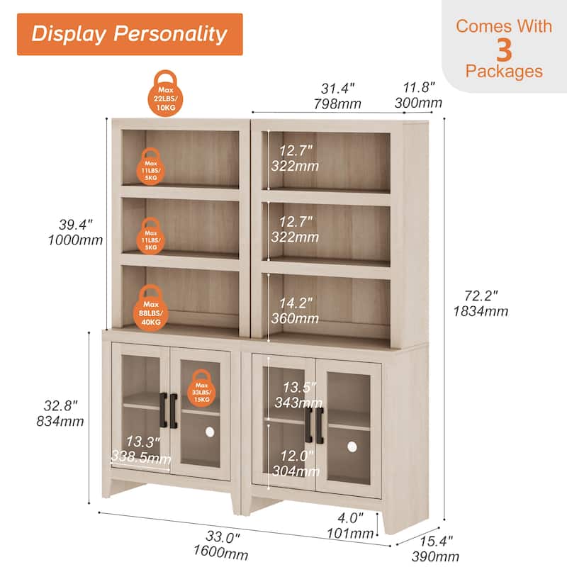 WAMPAT 3 Tier Bookshelf with Glass Door, 74" Tall Bookcase with Adjustable Shelf and Storage Cabinet, Farmhouse Wooden Bookshelf