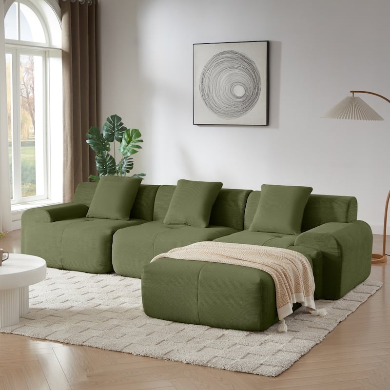 113" Modern L-Shaped Corduroy Upholstery Modular Sectional Sofa with Deep Seat and Movable Ottoman
