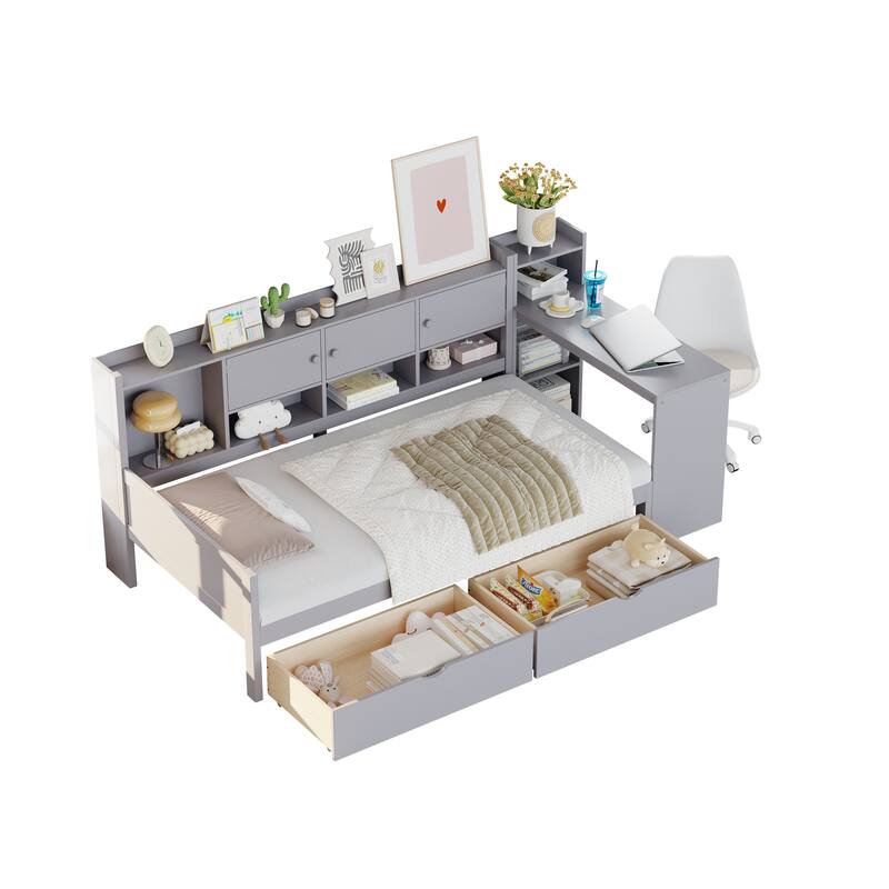 Wooden L Shaped Daybed with Bookcase and 2 Drawers, Multi-functional Corner Platform Sofa Bed Frame with Built In Desk