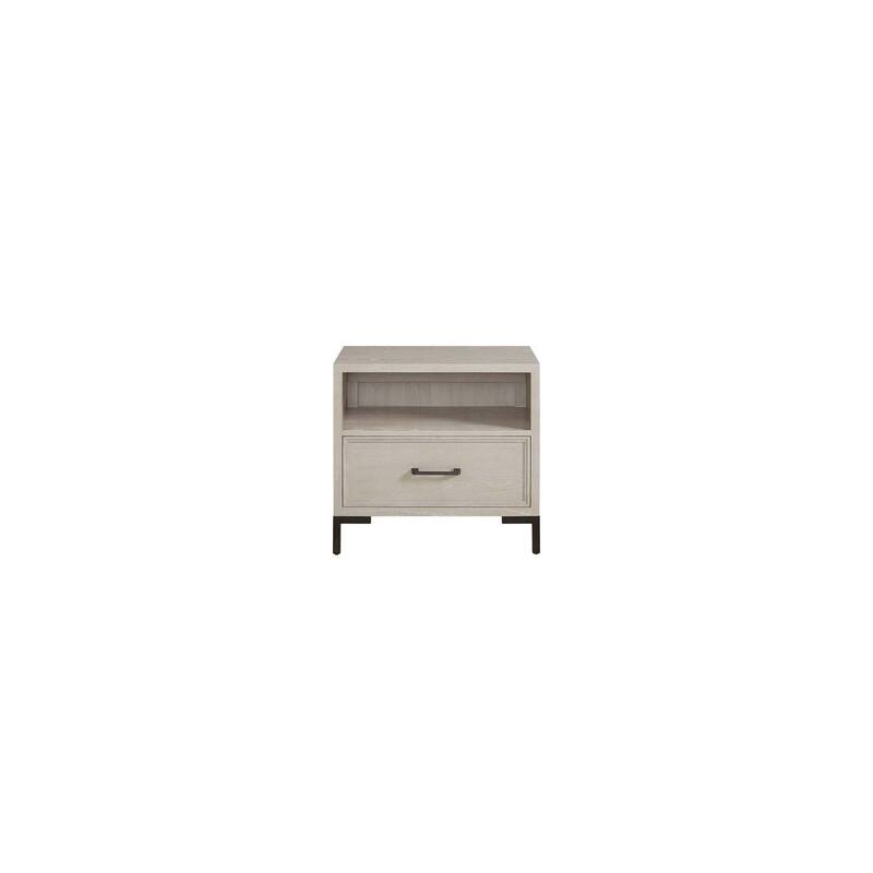 Antique White Nightstand with Metal Legs, Felt-Lined Drawer, and Open Shelf, Modern Bedside Storage Table