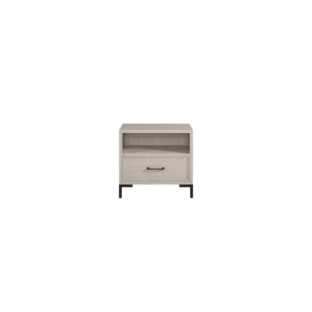 Antique White Nightstand with Metal Legs, Felt-Lined Drawer, and Open Shelf, Modern Bedside Storage Table