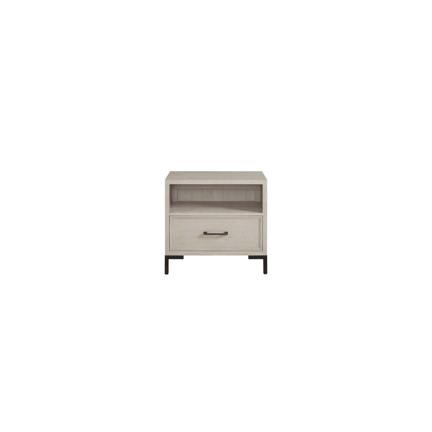 Antique White Nightstand with Metal Legs, Felt-Lined Drawer, and Open Shelf, Modern Bedside Storage Table