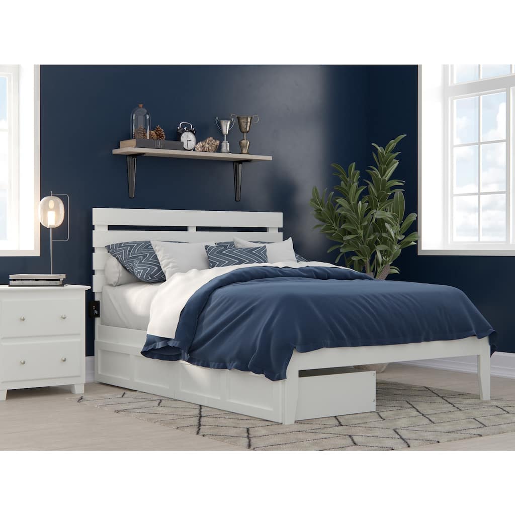 Full Size Platform Bed with Storage & USB Charger - Modern Bed Frame, No Box Spring Needed, White Finish