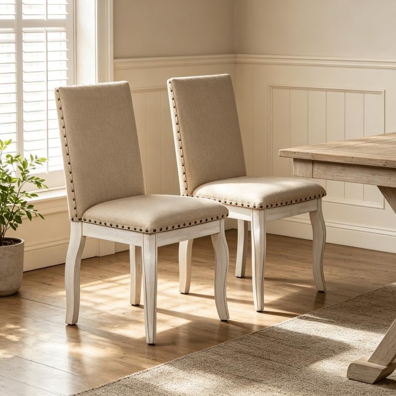 Vintage 2PCS Wood Upholstered Dining Chairs with Nailhead
