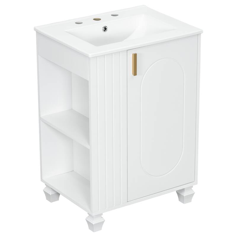 Anmytek 24 Inch Bathroom Vanity Cabinet with Sink Side Open Storage Door Shelf Solid Wood Frame Soft Closing Door White