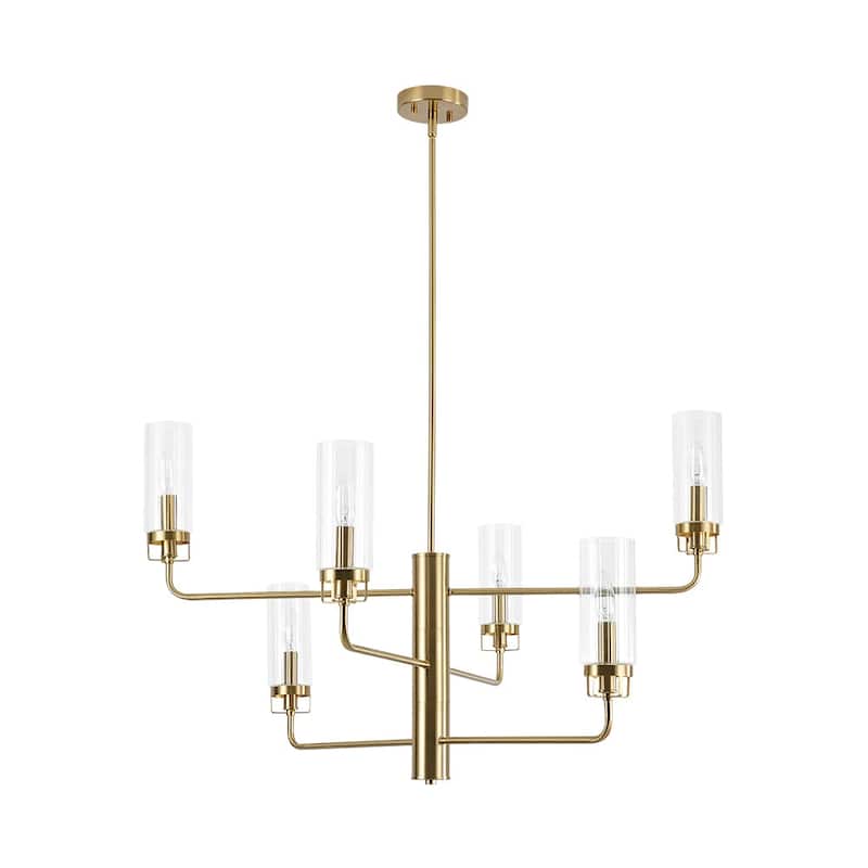 Elegant Reeded Glass 3-Tier Brushed Brass Candle Style Chandelier - 37.4 Inches