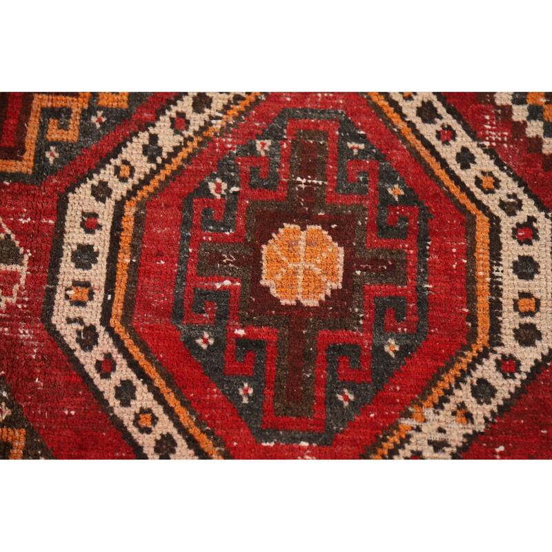 Red Geometric Distressed Bakhtiari Persian Vintage Wool Carpet - 5'0"x 10'1"