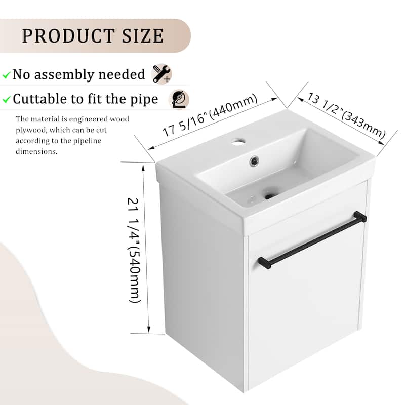 Bathroom Vanity With Sink In 16/18 Inch, Floating Bathroom Vanity With Soft Close Door