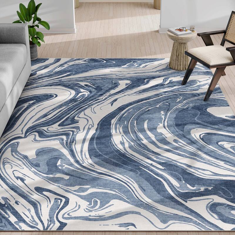 Well Woven Abstract Harmony Modern Boho Marble Flat-Weave Area Rug - 9' 10" x 13' - Blue - Rectangle