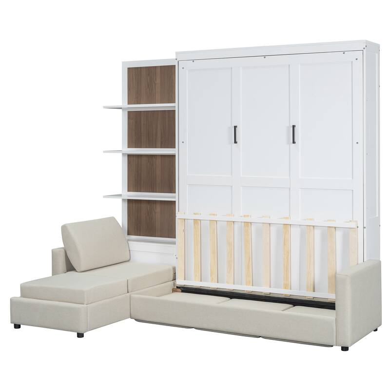 Linen L-shaped Sectional Sofa & Queen Size Foldable Wall Murphy Bed Set with Open Shelves for Guest Room or Living Space
