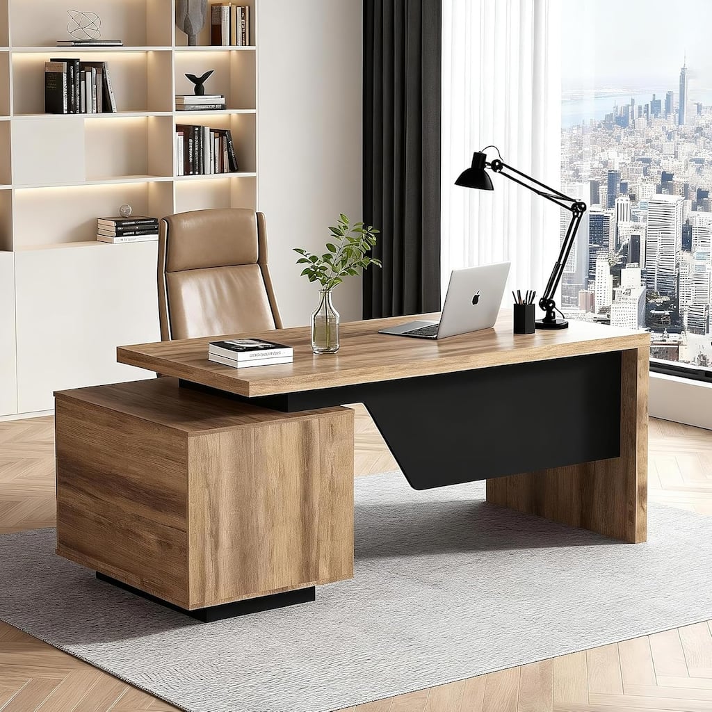 WESOME 62.99/70.87inch Modern Width Adjustable Executive Desk with Storage Cabinet for Home Office