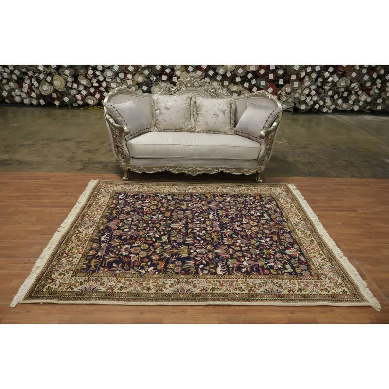 Hand Knotted Oriental 100% Wool Carpet Traditional Animal Pictorial Navy Blue & Blues Tabriz Area Rug - 7' 9'' X 6' 7''