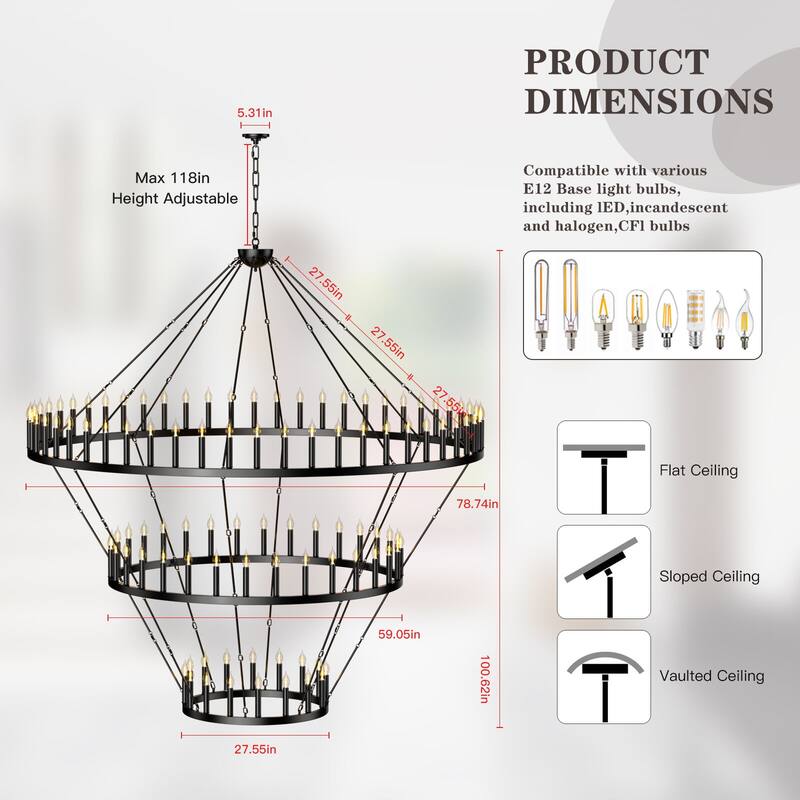 Extra Large Black Wagon Wheel Chandelier - Adjustable Farmhouse Lighting for High Ceilings