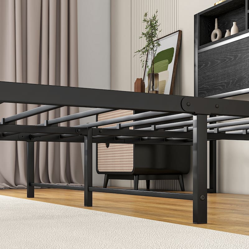 Metal Platform Bed with Charging Station, Bookcase Storage