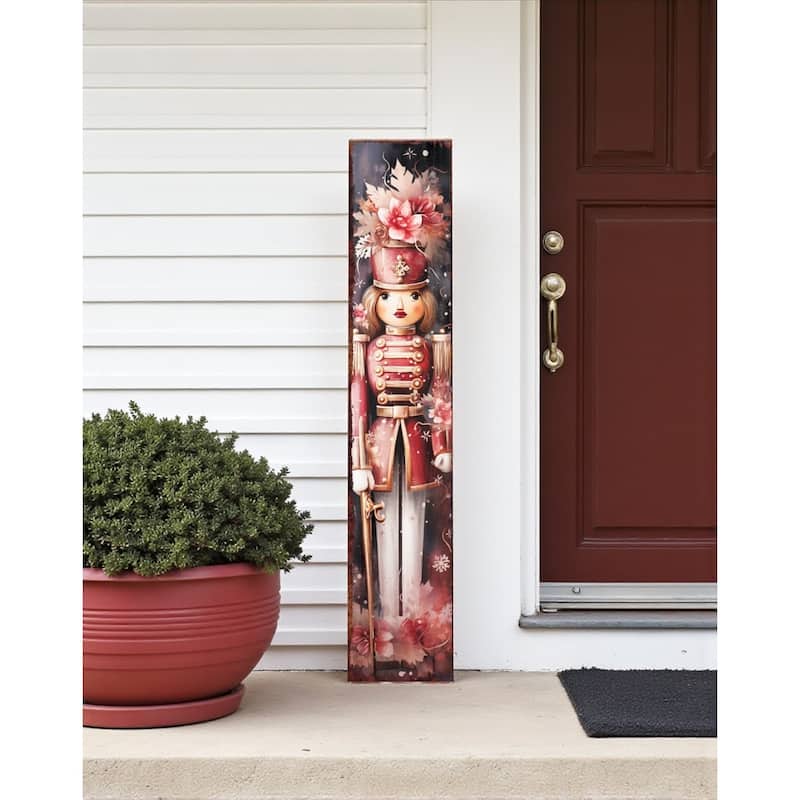 HomeRoots 48" Pink And White Christmas Female Nutcracker Solid Wood Porch Sign - White/Black/Pink - Wood