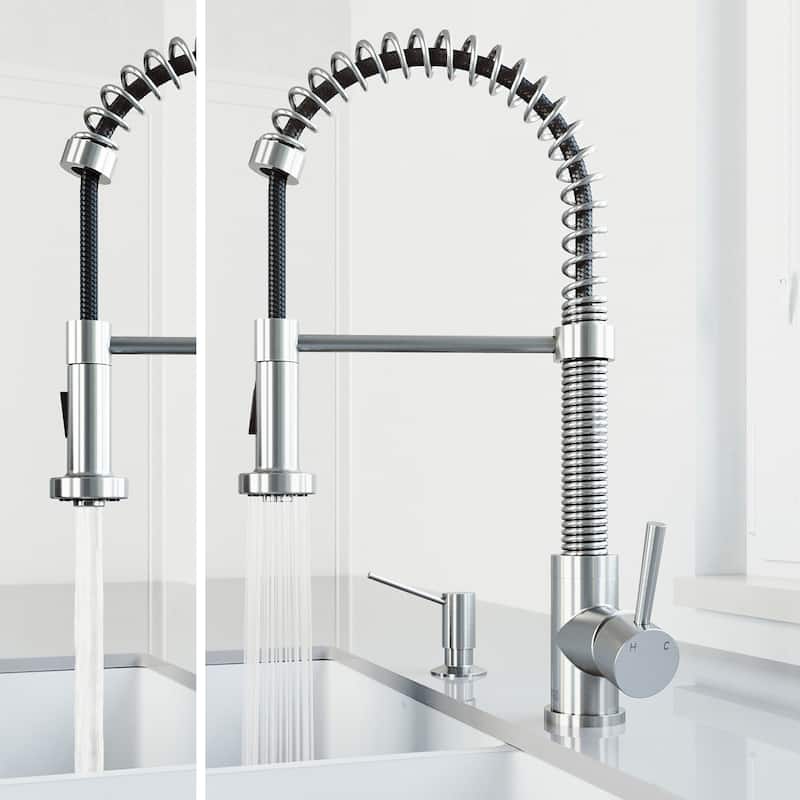 VIGO Edison 19" H Single Handle Pull-Down Sprayer Kitchen Faucet - With Braddock Soap Dispenser - Stainless Steel