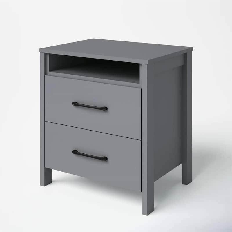Modern 2-Drawer Bedside Table Nightstand with Shelf Wood Minimalist Bedroom Furniture - Grey