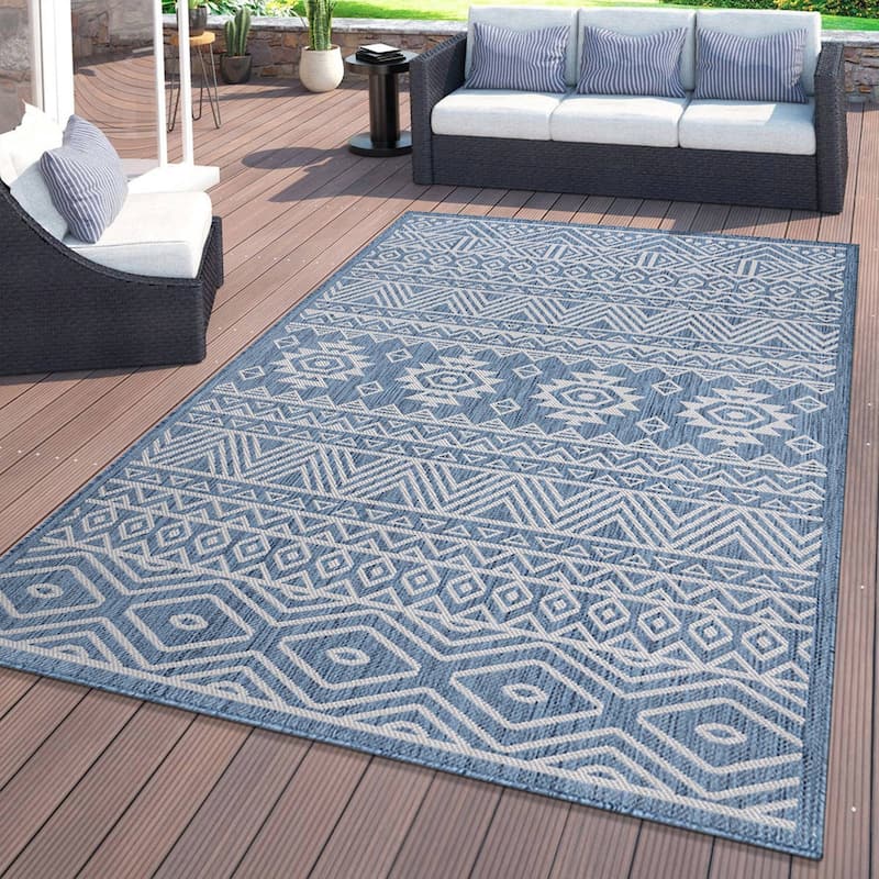 World Rug Gallery Distressed Geometric Bohemian Textured Flat Weave Indoor/Outdoor Area Rug - 5' X 7' - Blue