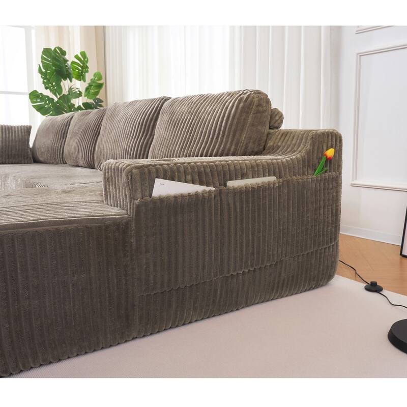 130" U-Shaped Corduroy Sectional Sofa with Cup Holders, No Assembly Required
