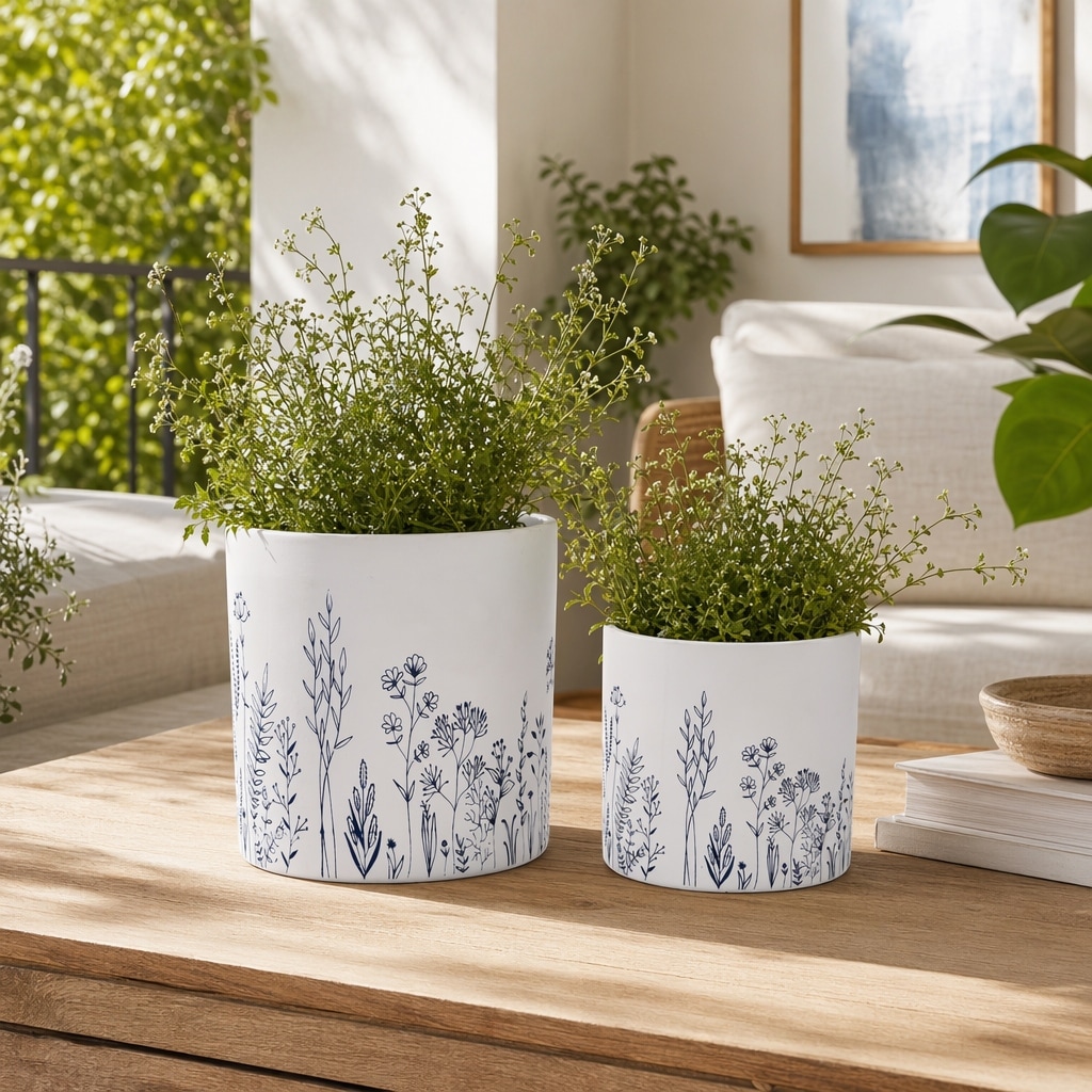 Plant Pot Set of 2 - White Ceramic Wildflower Field, 6/8" - 8.0"