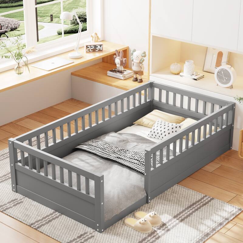 Pine Floor Bed Frame with Fence - Twin - Grey