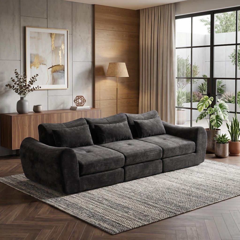 FurnitureR 3-Seat Modular Cloud Sofa, Chenille Convertible Folding Couch with Foam Cushioning