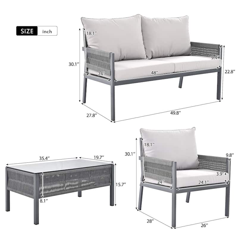 4-Piece Rope Outdoor Patio Furniture Set, Patio Conversation Set - 1Loveseat&1Table&2Chairs